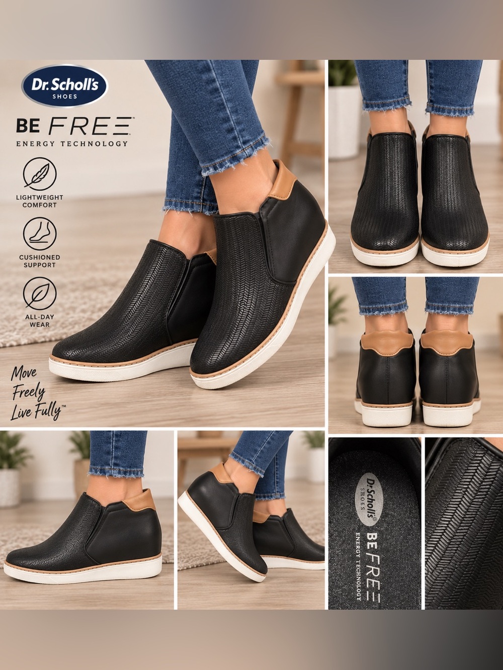 Dr. Scholl’s Be Free Energy Technology Black Slip-On Sneakers Tan Trim